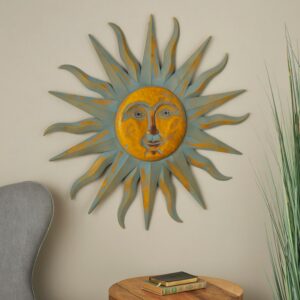 Gold Metal Indoor Outdoor Distressed Sun Home Wall Decor With Copper-Like Accents And Grooves