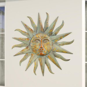 Gold Metal Indoor Outdoor Distressed Sun Home Wall Decor With Copper-Like Accents And Grooves