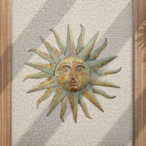 Gold Metal Indoor Outdoor Distressed Sun Home Wall Decor With Copper-Like Accents And Grooves