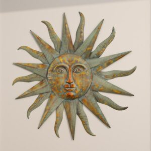 Gold Metal Indoor Outdoor Distressed Sun Home Wall Decor With Copper-Like Accents And Grooves