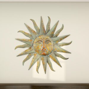 Gold Metal Indoor Outdoor Distressed Sun Home Wall Decor With Copper-Like Accents And Grooves