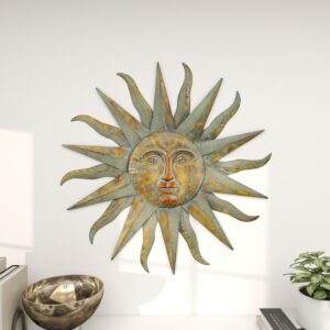 Gold Metal Indoor Outdoor Distressed Sun Home Wall Decor With Copper-Like Accents And Grooves